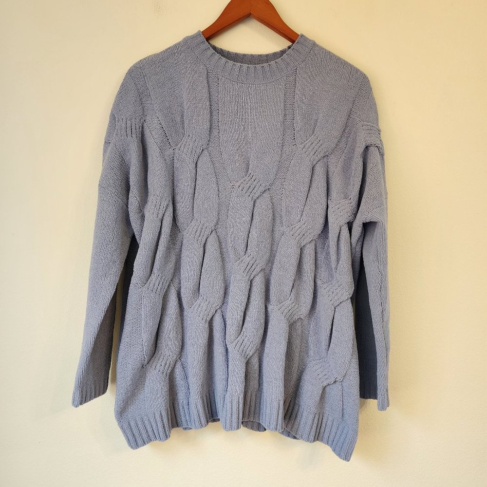 J.Jill Women Chenille Chucky Sweater Blue Cable Knit Crew Neck Pullover Size M.